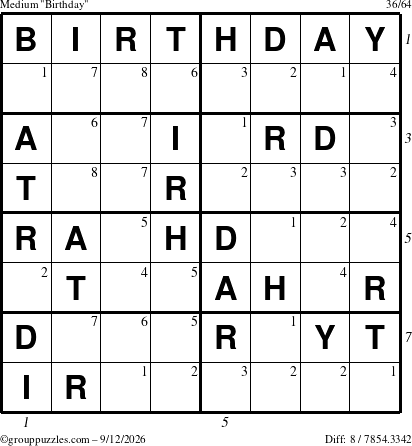 The grouppuzzles.com Medium Birthday puzzle for Saturday September 12, 2026, suitable for printing, with all 8 steps marked