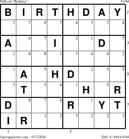 The grouppuzzles.com Difficult Birthday puzzle for Saturday September 12, 2026 with all 8 steps marked