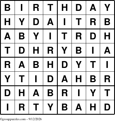 The grouppuzzles.com Answer grid for the Birthday puzzle for Saturday September 12, 2026