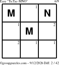 The grouppuzzles.com Easy TicTac-MNO puzzle for Saturday September 12, 2026 with the first 2 steps marked