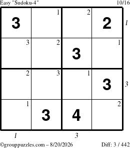 The grouppuzzles.com Easy Sudoku-4 puzzle for Thursday August 20, 2026, suitable for printing, with all 3 steps marked