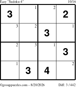 The grouppuzzles.com Easy Sudoku-4 puzzle for Thursday August 20, 2026 with the first 3 steps marked
