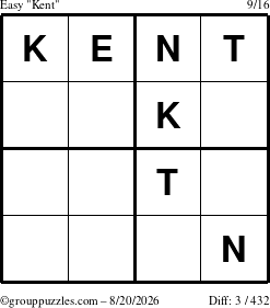 The grouppuzzles.com Easy Kent puzzle for Thursday August 20, 2026