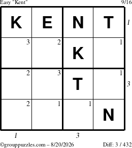 The grouppuzzles.com Easy Kent puzzle for Thursday August 20, 2026, suitable for printing, with all 3 steps marked