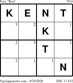 The grouppuzzles.com Easy Kent puzzle for Thursday August 20, 2026 with the first 3 steps marked