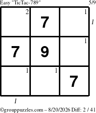 The grouppuzzles.com Easy TicTac-789 puzzle for Thursday August 20, 2026 with all 2 steps marked