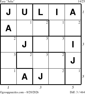The grouppuzzles.com Easy Julia puzzle for Thursday August 20, 2026 with all 3 steps marked