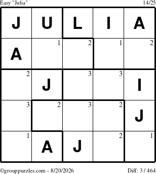 The grouppuzzles.com Easy Julia puzzle for Thursday August 20, 2026 with the first 3 steps marked