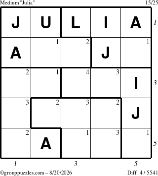The grouppuzzles.com Medium Julia puzzle for Thursday August 20, 2026 with all 4 steps marked