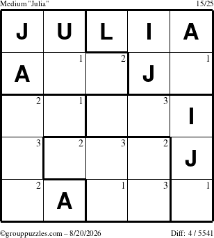 The grouppuzzles.com Medium Julia puzzle for Thursday August 20, 2026 with the first 3 steps marked