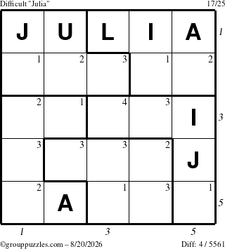 The grouppuzzles.com Difficult Julia puzzle for Thursday August 20, 2026 with all 4 steps marked