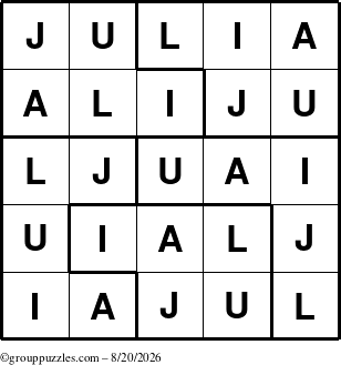 The grouppuzzles.com Answer grid for the Julia puzzle for Thursday August 20, 2026