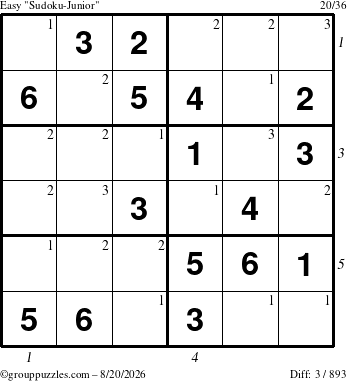 The grouppuzzles.com Easy Sudoku-Junior puzzle for Thursday August 20, 2026 with all 3 steps marked