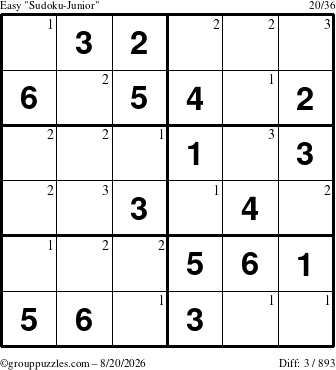 The grouppuzzles.com Easy Sudoku-Junior puzzle for Thursday August 20, 2026 with the first 3 steps marked