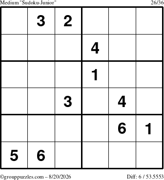 The grouppuzzles.com Medium Sudoku-Junior puzzle for Thursday August 20, 2026