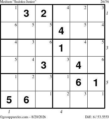 The grouppuzzles.com Medium Sudoku-Junior puzzle for Thursday August 20, 2026 with all 6 steps marked