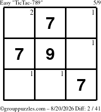 The grouppuzzles.com Easy TicTac-789 puzzle for Thursday August 20, 2026 with the first 2 steps marked