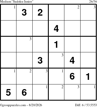 The grouppuzzles.com Medium Sudoku-Junior puzzle for Thursday August 20, 2026 with the first 3 steps marked