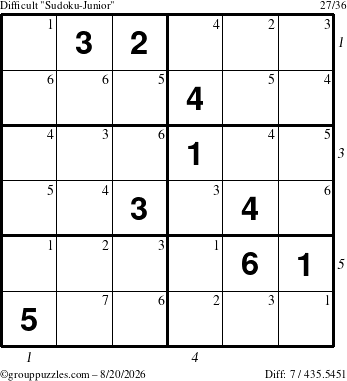 The grouppuzzles.com Difficult Sudoku-Junior puzzle for Thursday August 20, 2026 with all 7 steps marked