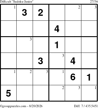 The grouppuzzles.com Difficult Sudoku-Junior puzzle for Thursday August 20, 2026 with the first 3 steps marked