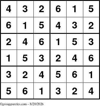 The grouppuzzles.com Answer grid for the Sudoku-Junior puzzle for Thursday August 20, 2026
