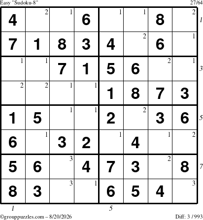 The grouppuzzles.com Easy Sudoku-8 puzzle for Thursday August 20, 2026, suitable for printing, with all 3 steps marked