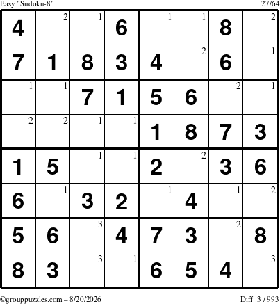 The grouppuzzles.com Easy Sudoku-8 puzzle for Thursday August 20, 2026 with the first 3 steps marked