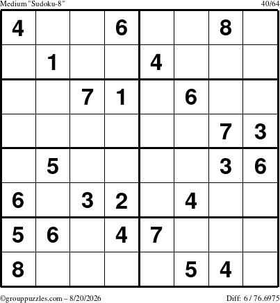 The grouppuzzles.com Medium Sudoku-8 puzzle for Thursday August 20, 2026