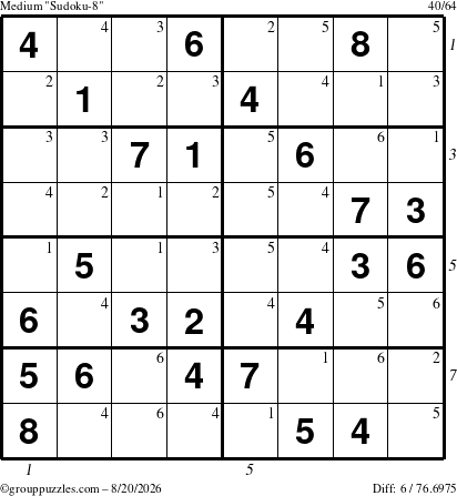 The grouppuzzles.com Medium Sudoku-8 puzzle for Thursday August 20, 2026 with all 6 steps marked