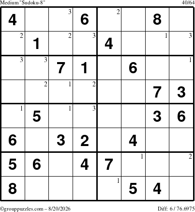 The grouppuzzles.com Medium Sudoku-8 puzzle for Thursday August 20, 2026 with the first 3 steps marked