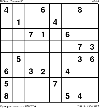 The grouppuzzles.com Difficult Sudoku-8 puzzle for Thursday August 20, 2026