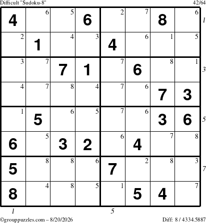 The grouppuzzles.com Difficult Sudoku-8 puzzle for Thursday August 20, 2026 with all 8 steps marked