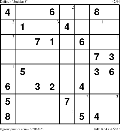 The grouppuzzles.com Difficult Sudoku-8 puzzle for Thursday August 20, 2026 with the first 3 steps marked