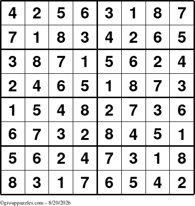 The grouppuzzles.com Answer grid for the Sudoku-8 puzzle for Thursday August 20, 2026