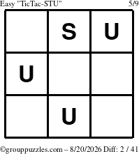 The grouppuzzles.com Easy TicTac-STU puzzle for Thursday August 20, 2026
