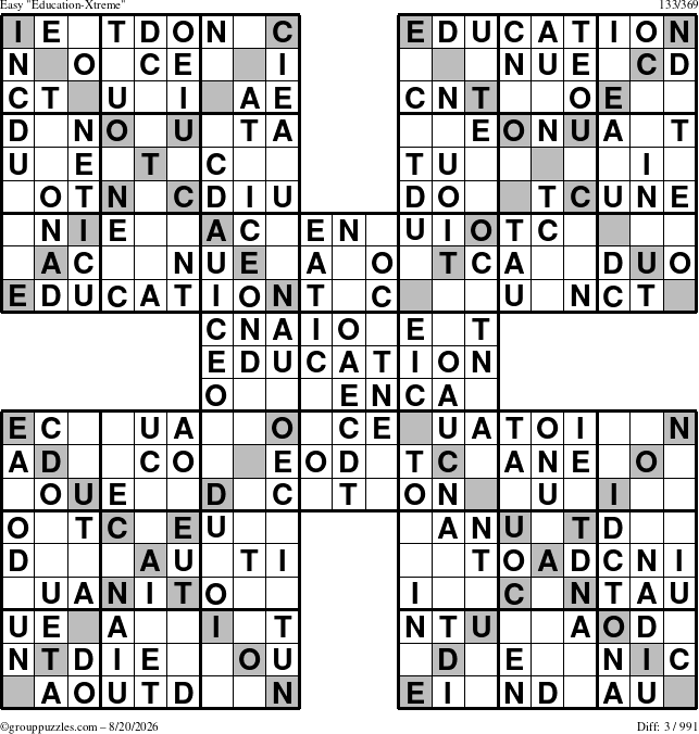 The grouppuzzles.com Easy Education-Xtreme puzzle for Thursday August 20, 2026