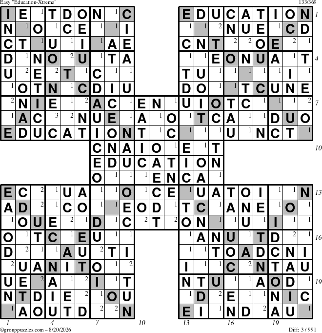The grouppuzzles.com Easy Education-Xtreme puzzle for Thursday August 20, 2026, suitable for printing, with all 3 steps marked
