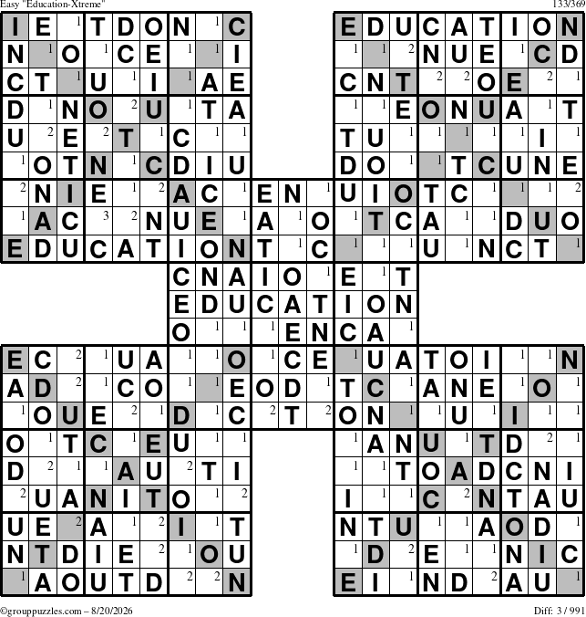 The grouppuzzles.com Easy Education-Xtreme puzzle for Thursday August 20, 2026 with the first 3 steps marked