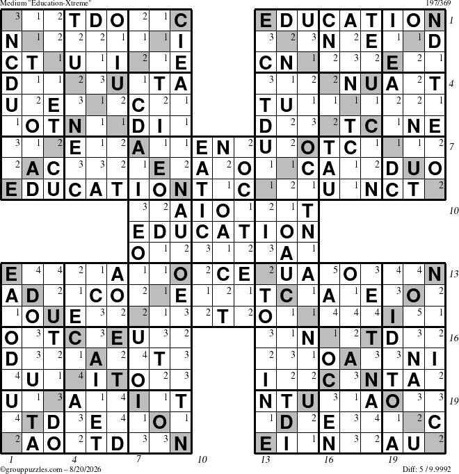 The grouppuzzles.com Medium Education-Xtreme puzzle for Thursday August 20, 2026, suitable for printing, with all 5 steps marked