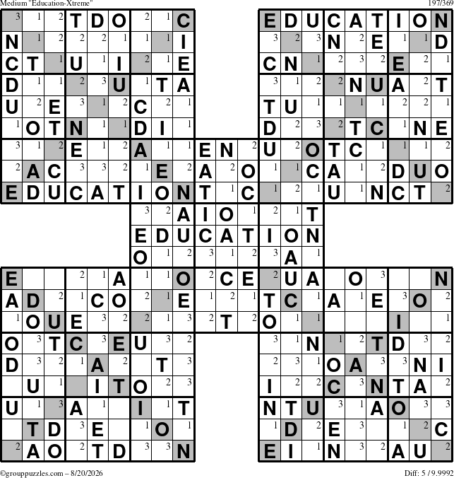The grouppuzzles.com Medium Education-Xtreme puzzle for Thursday August 20, 2026 with the first 3 steps marked