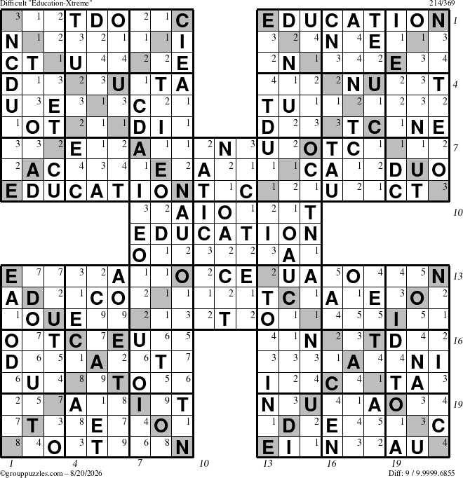 The grouppuzzles.com Difficult Education-Xtreme puzzle for Thursday August 20, 2026 with all 9 steps marked