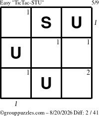 The grouppuzzles.com Easy TicTac-STU puzzle for Thursday August 20, 2026 with all 2 steps marked