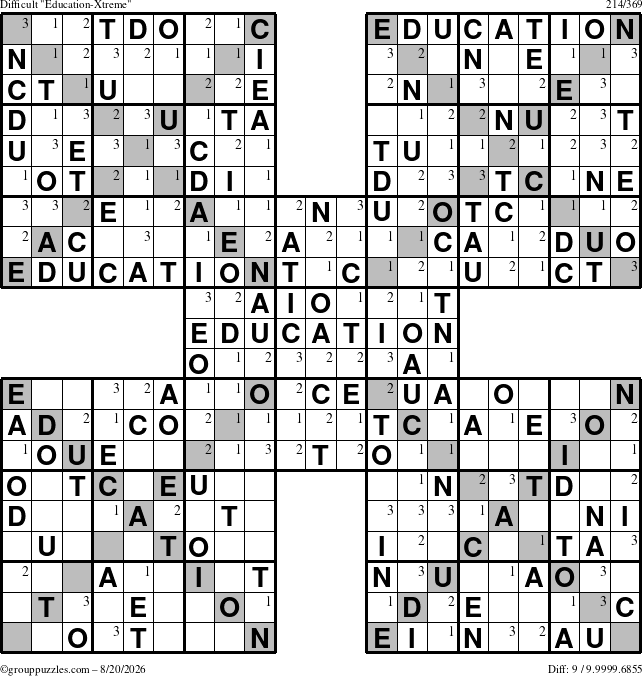 The grouppuzzles.com Difficult Education-Xtreme puzzle for Thursday August 20, 2026 with the first 3 steps marked