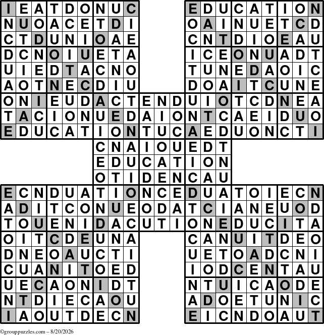 The grouppuzzles.com Answer grid for the Education-Xtreme puzzle for Thursday August 20, 2026