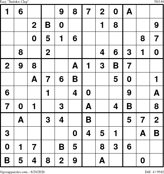 The grouppuzzles.com Easy Sudoku-12up puzzle for Thursday August 20, 2026