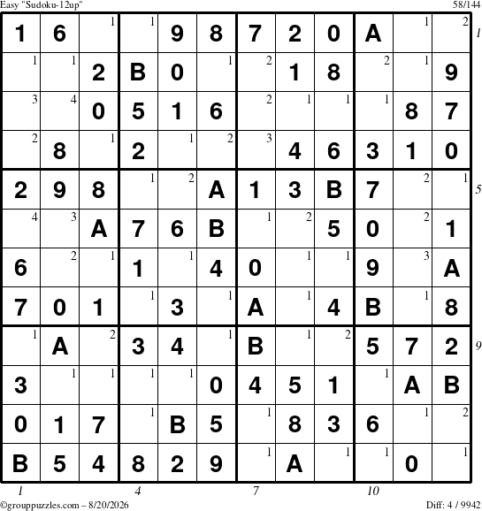 The grouppuzzles.com Easy Sudoku-12up puzzle for Thursday August 20, 2026, suitable for printing, with all 4 steps marked