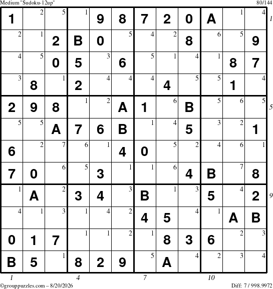 The grouppuzzles.com Medium Sudoku-12up puzzle for Thursday August 20, 2026 with all 7 steps marked