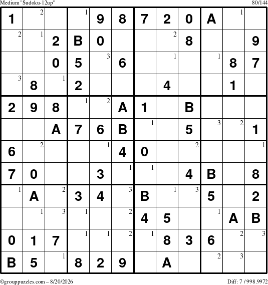 The grouppuzzles.com Medium Sudoku-12up puzzle for Thursday August 20, 2026 with the first 3 steps marked