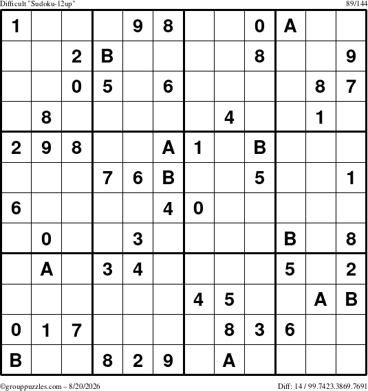 The grouppuzzles.com Difficult Sudoku-12up puzzle for Thursday August 20, 2026
