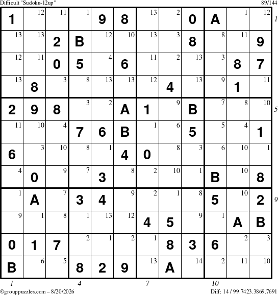 The grouppuzzles.com Difficult Sudoku-12up puzzle for Thursday August 20, 2026 with all 14 steps marked